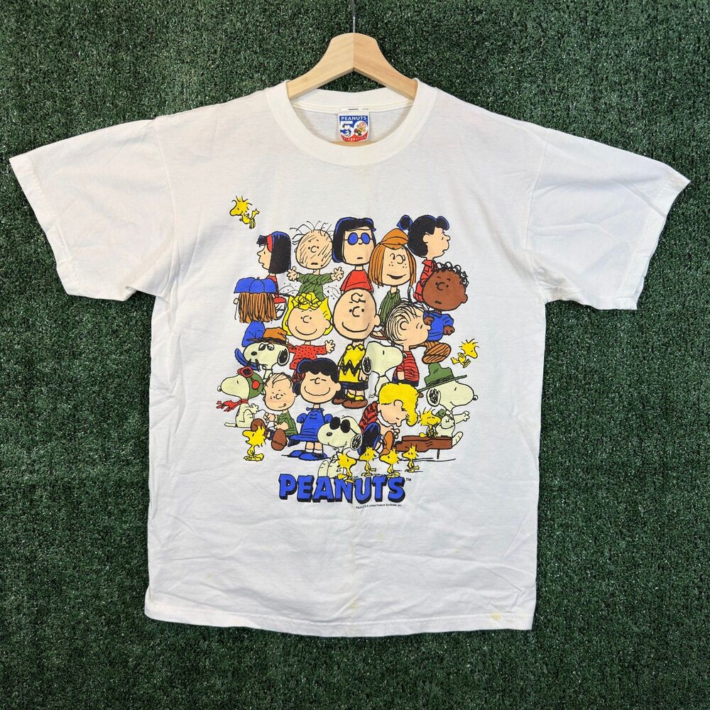 Vintage Peanuts 50th Anniversary T Shirt Mens L White Graphic Tee Snoopy Y2K